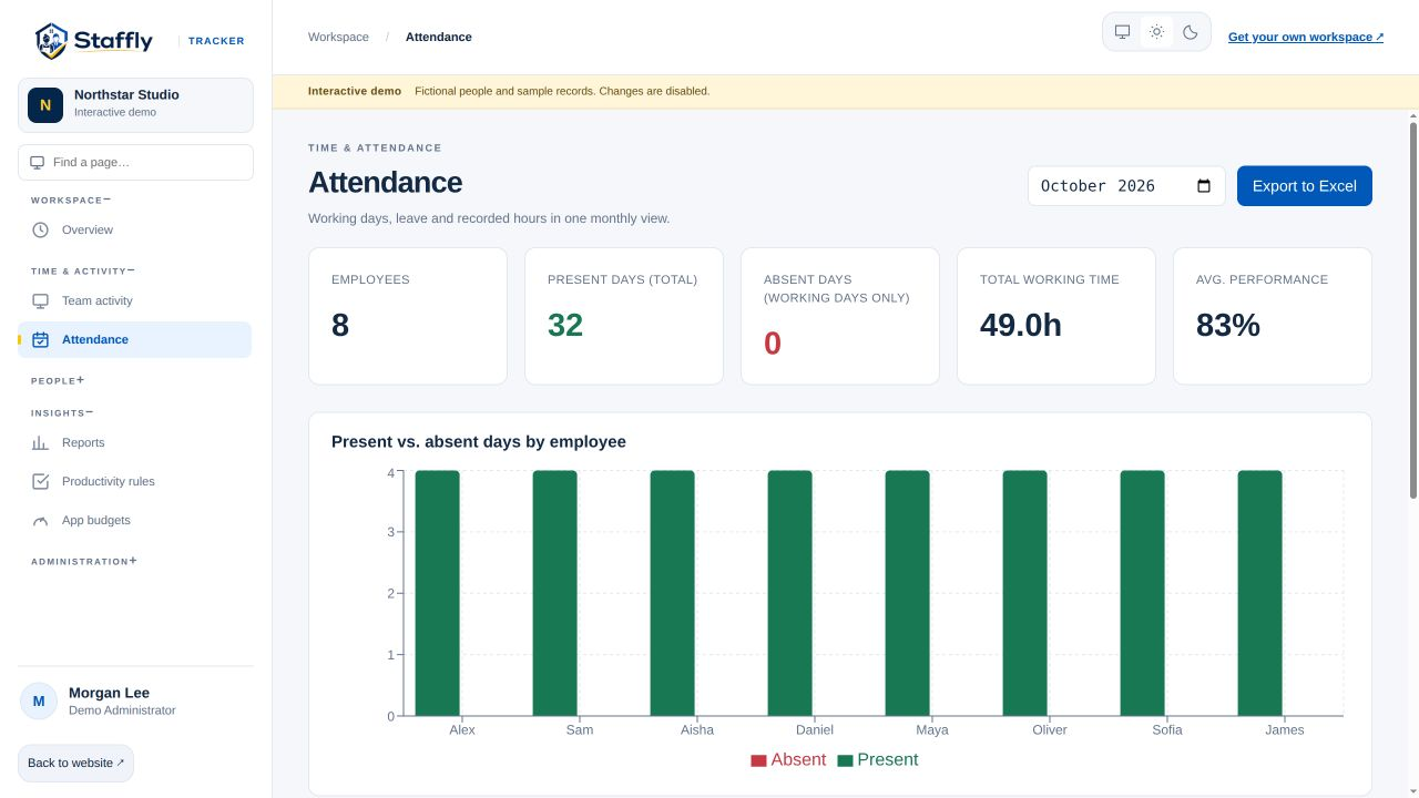 Actual StafflyTracker attendance & leave view with fictional demo records
