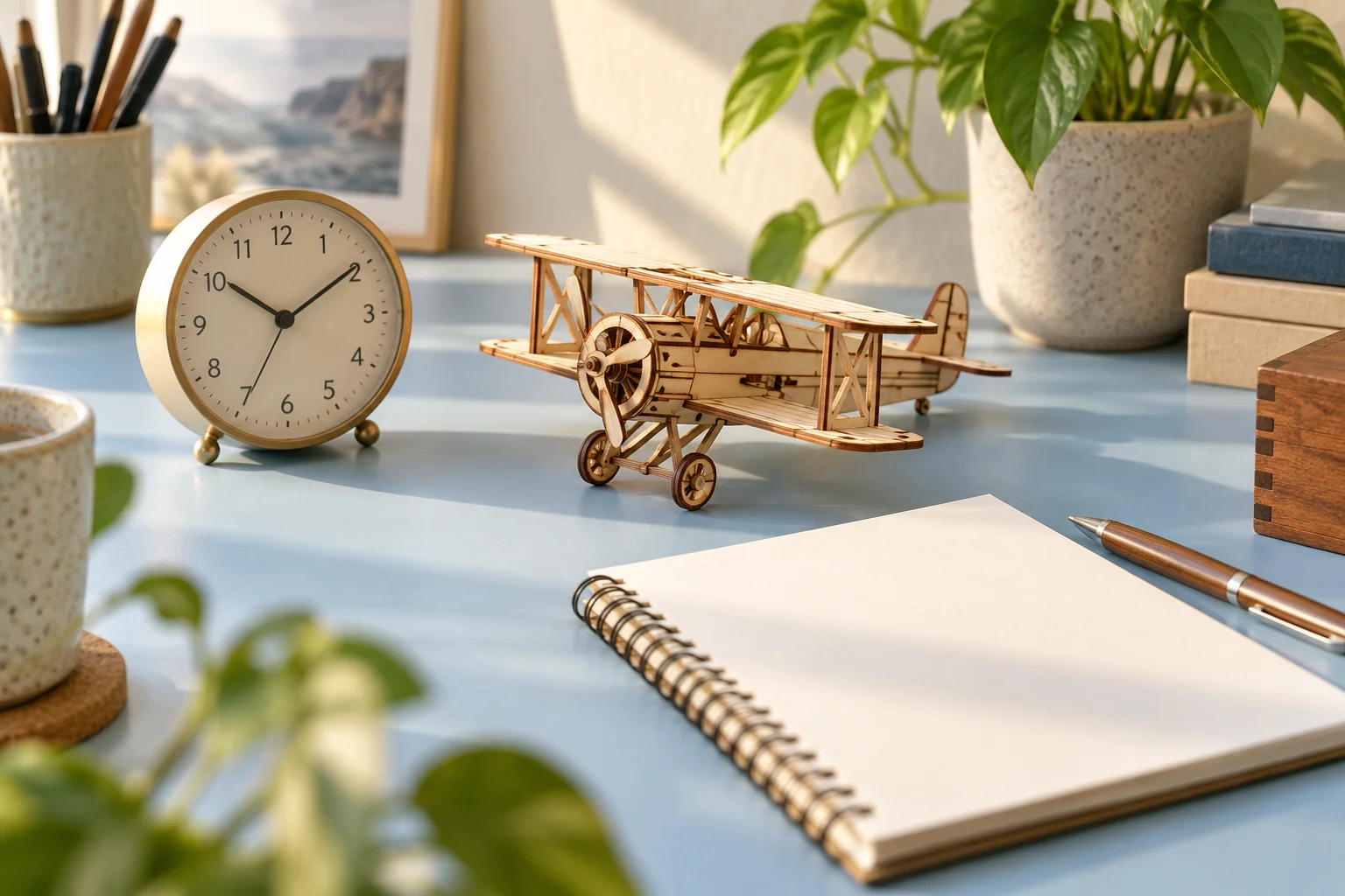 Analog clock beside a completed wooden model, illustrating time and outcomes