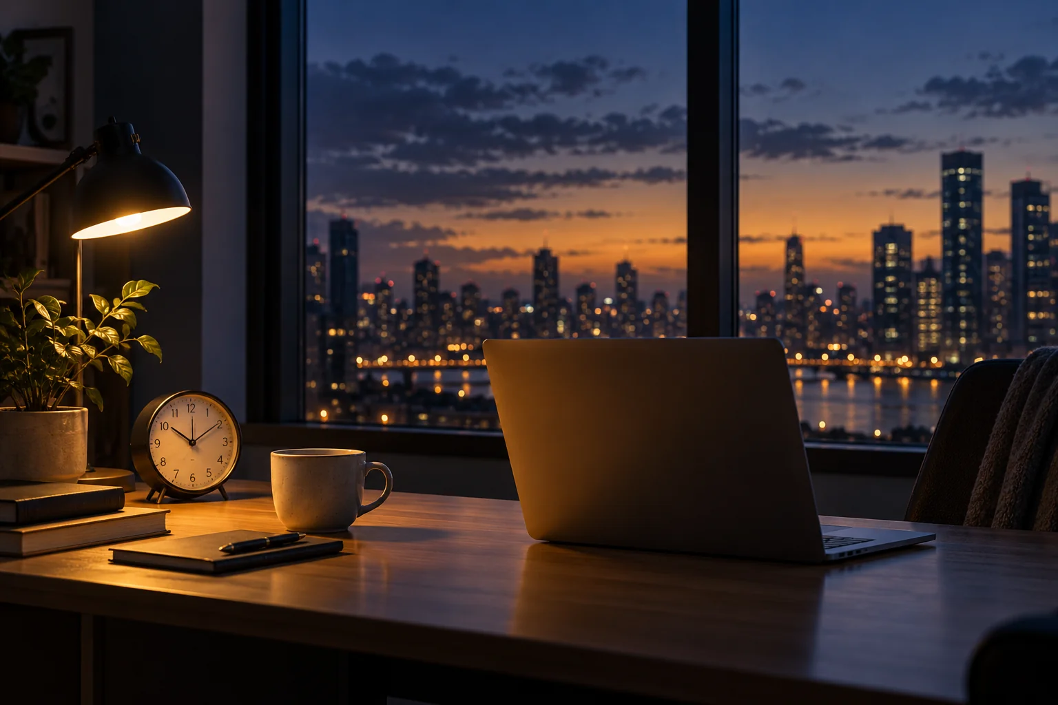 Laptop and clock on a desk beside a city window at dusk