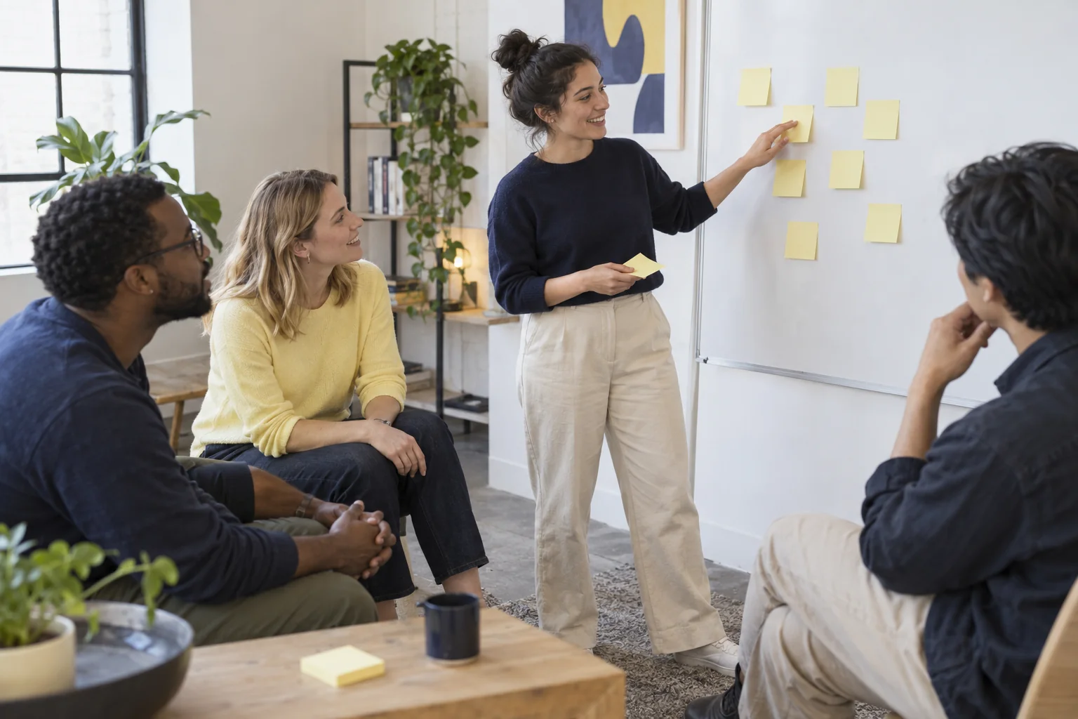 Illustrative team discussing a rollout plan using sticky notes
