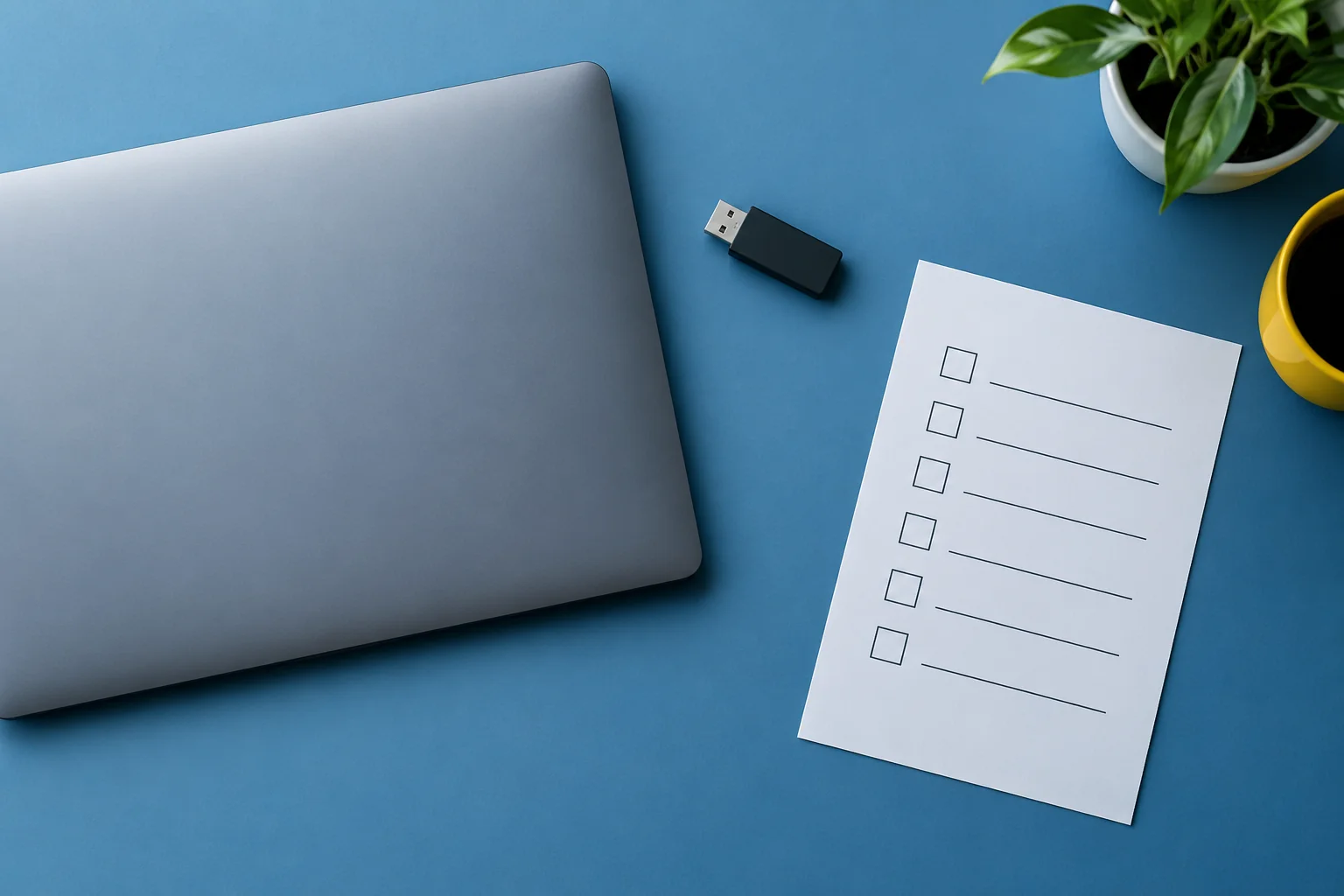 Closed laptop, USB stick and blank checklist illustrating software evidence review