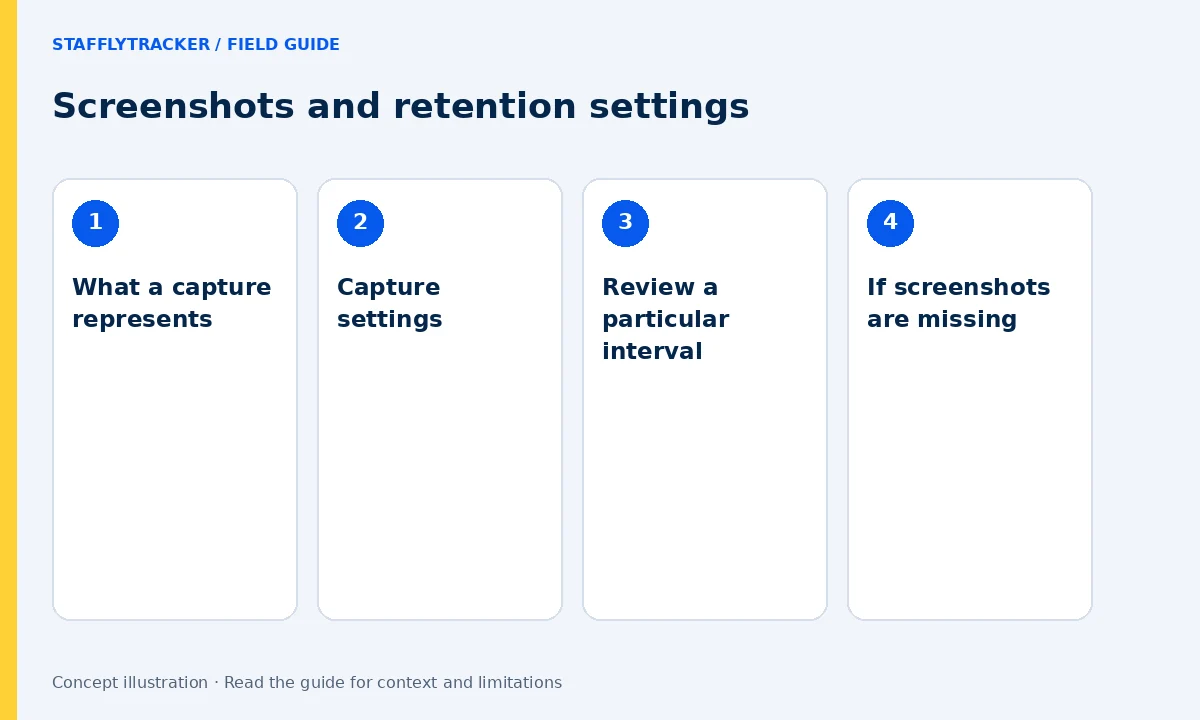 Screenshots and retention settings: What a capture represents, Capture settings, Review a particular interval, If screenshots are missing