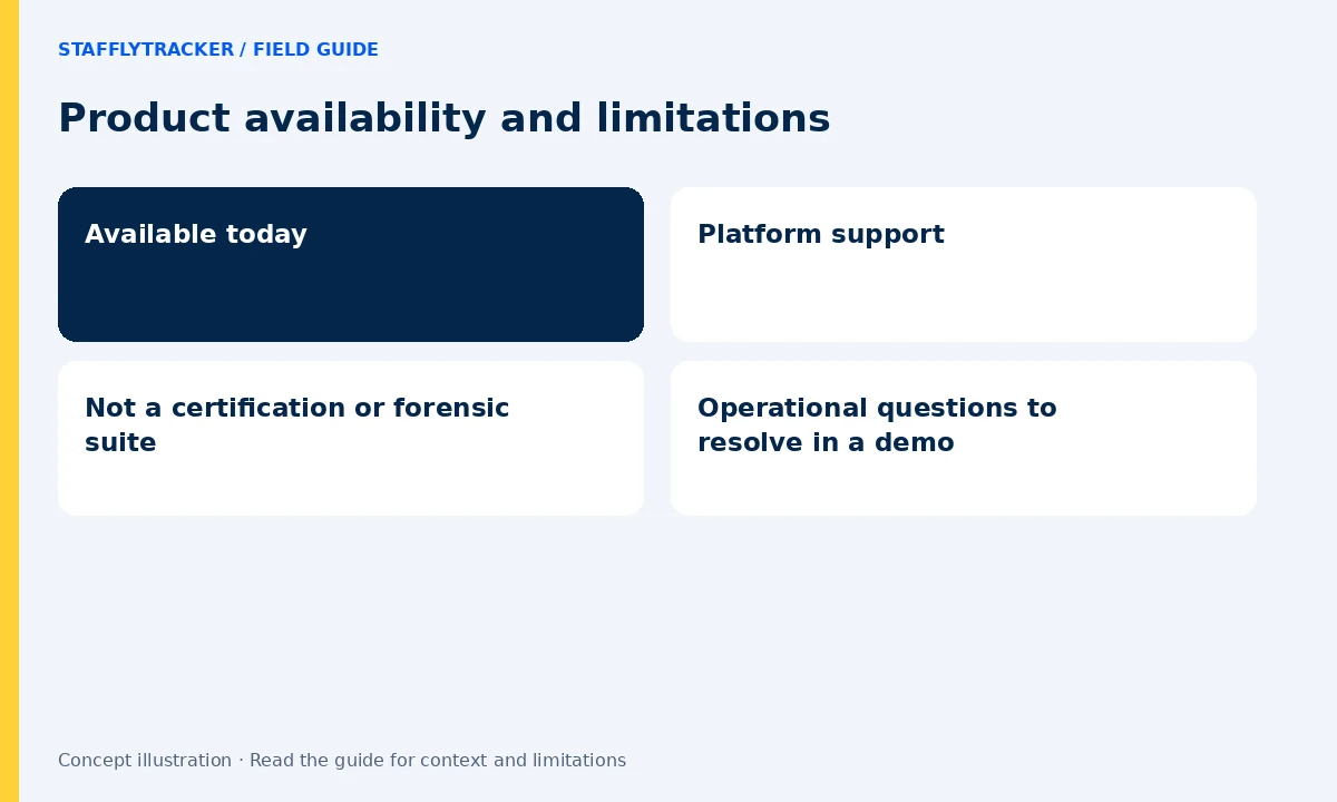 Product availability and limitations: Available today, Platform support, Not a certification or forensic suite, Operational questions to resolve in a demo