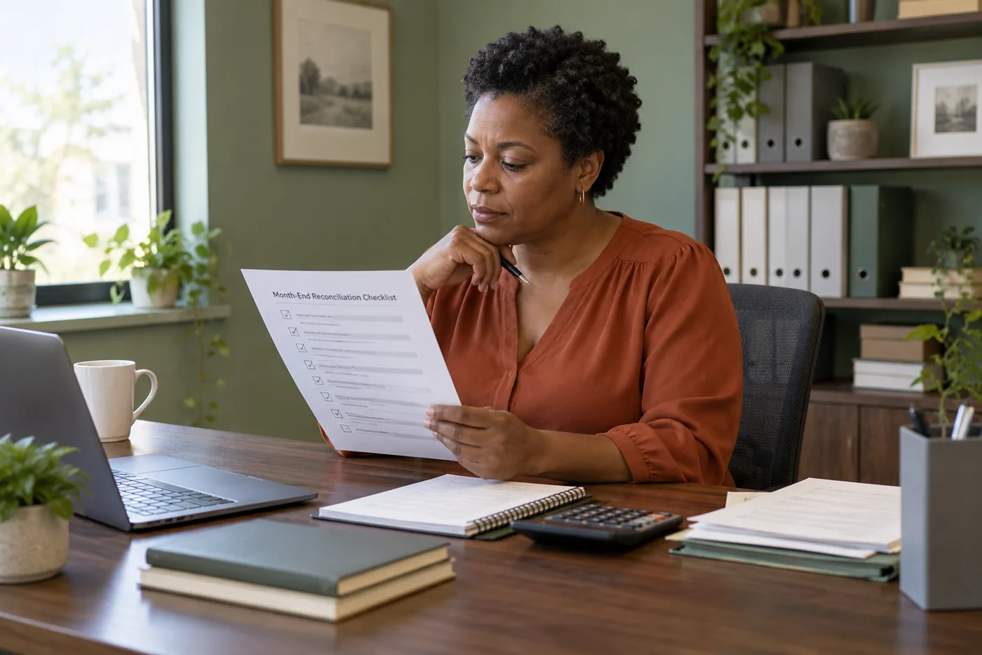 Illustrative scene: Accounting professional reviewing a reconciliation checklist at a walnut desk