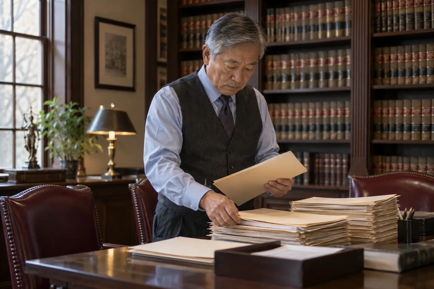 Illustrative scene: Legal operations professional organizing case folders in a traditional office library
