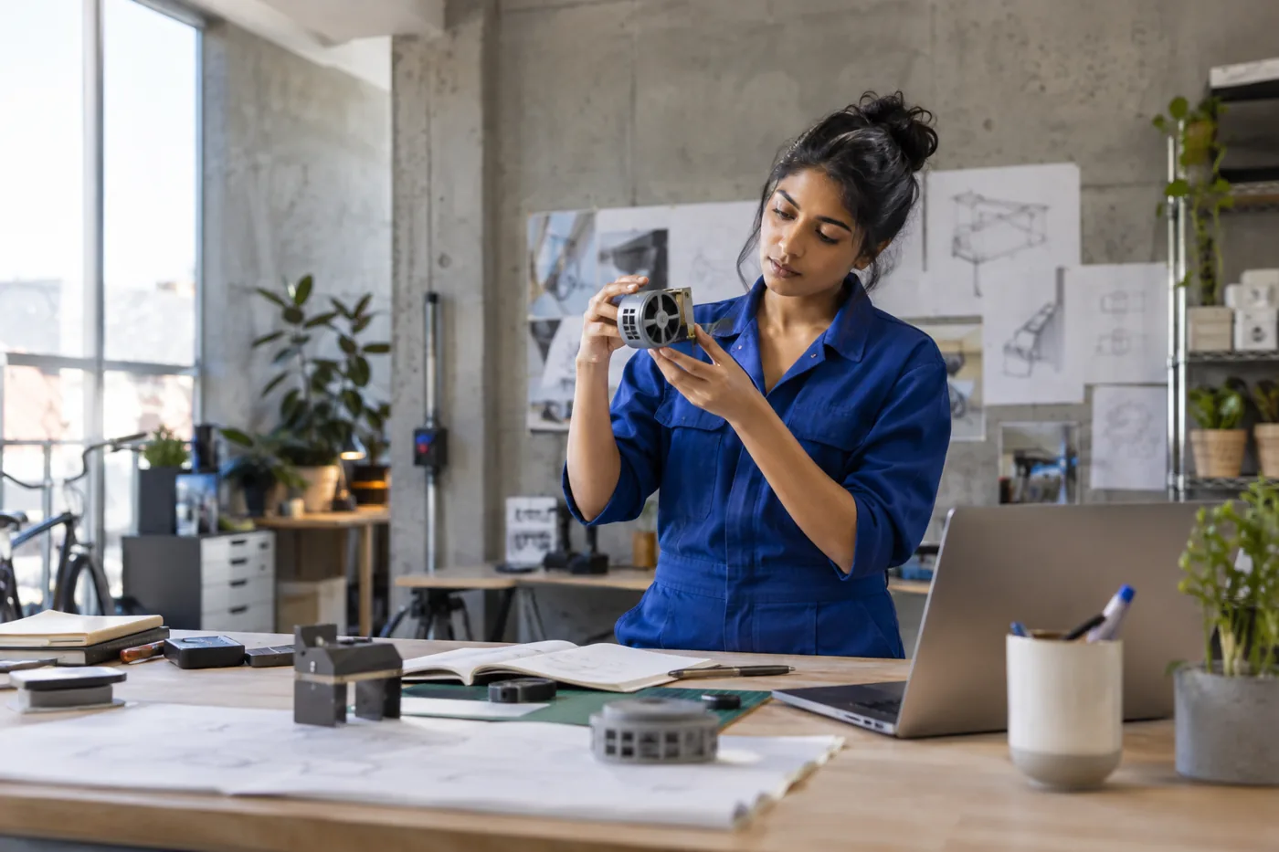Illustrative scene: Engineer examining a mechanical prototype in a bright design studio