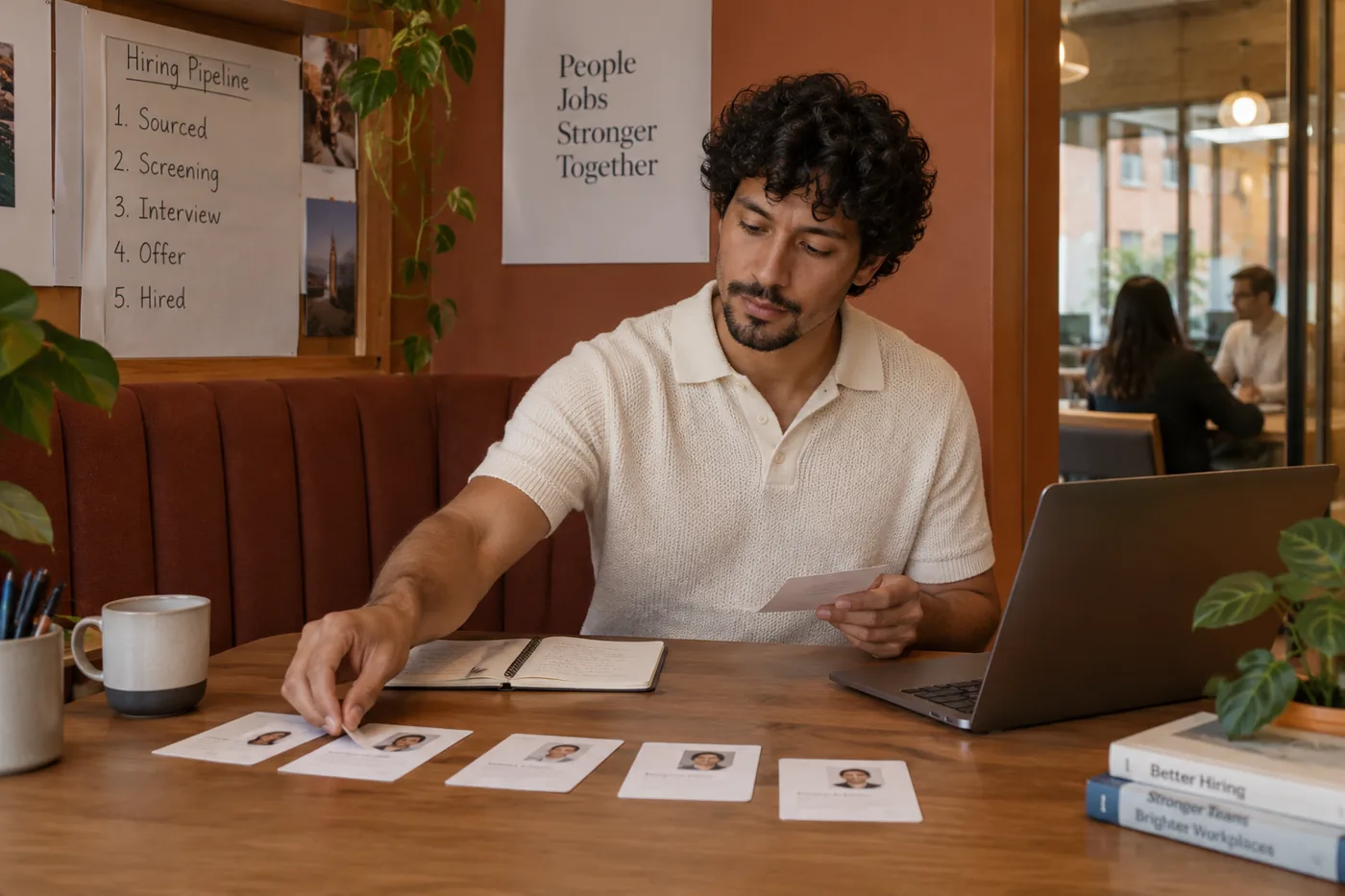 Illustrative scene: Recruiter arranging interview planning cards in a coworking booth