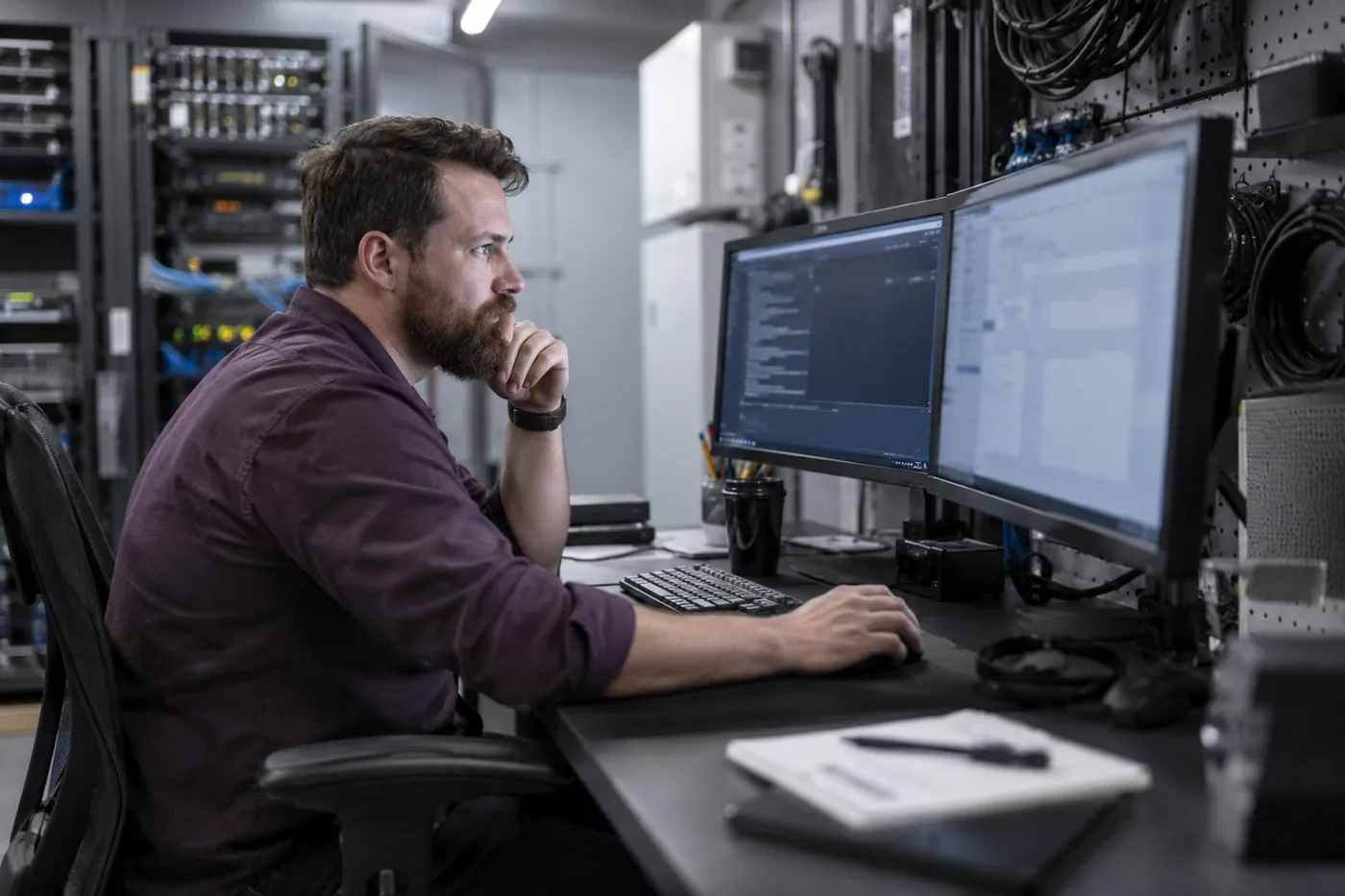 Illustrative scene: IT support technician reviewing two monitors in an equipment room