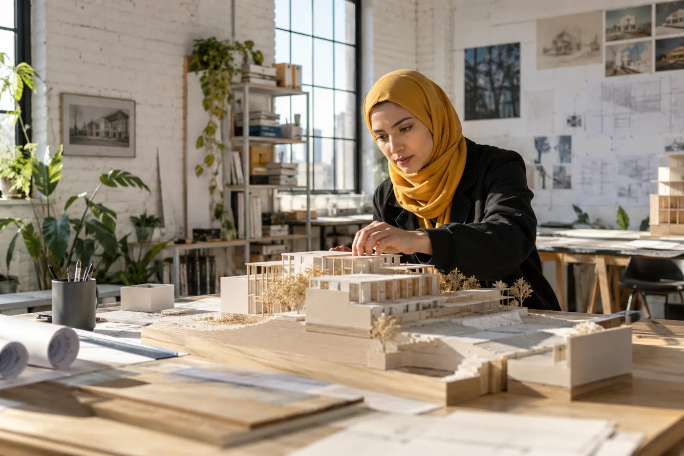 Illustrative scene: Architect reviewing a physical building model beside drawings