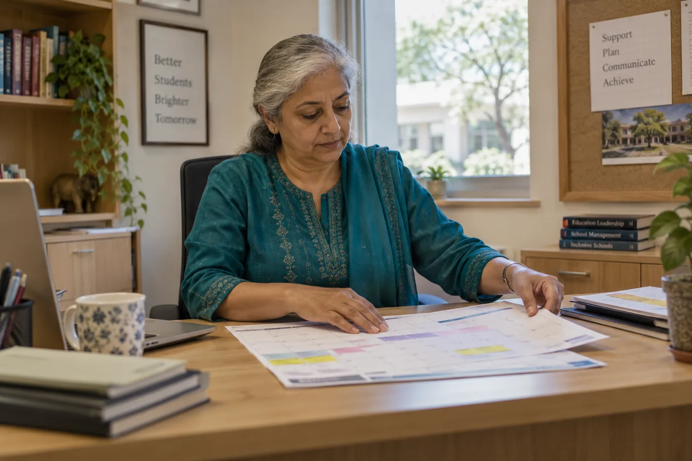 Illustrative scene: Education administrator arranging a term calendar in a campus office