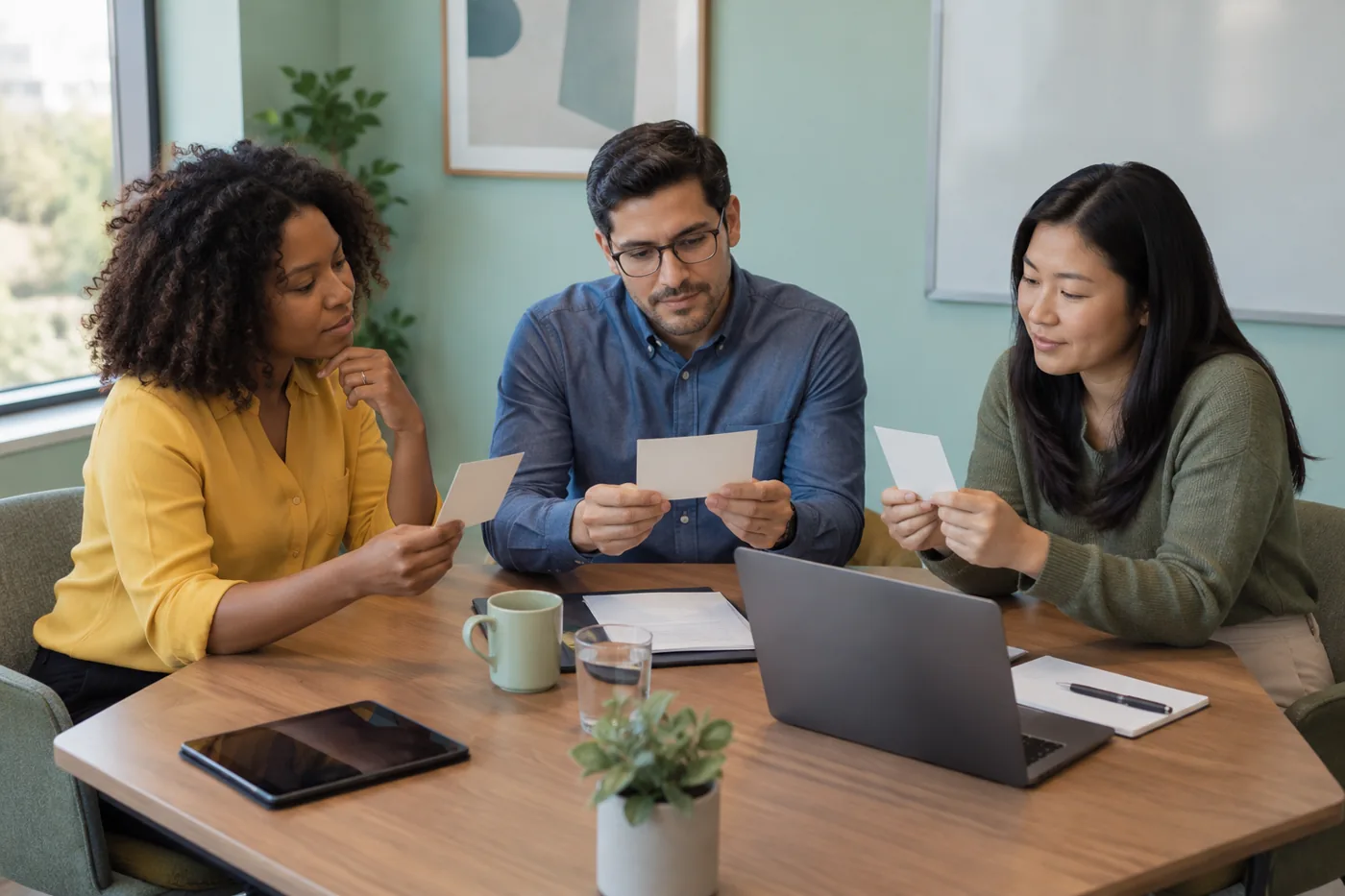 Illustrative scene: Procurement team comparing decision cards for a software purchase