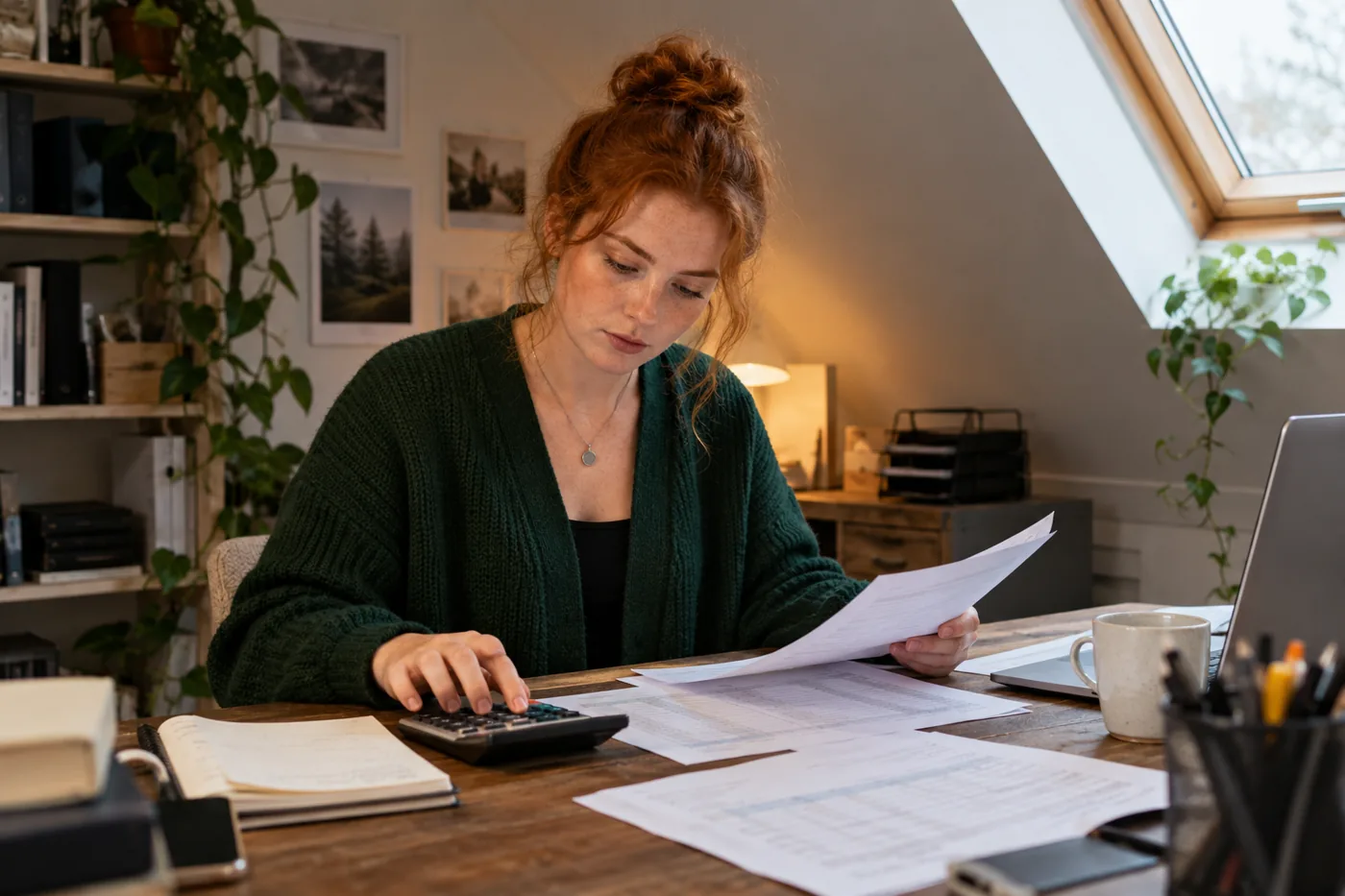 Illustrative scene: Payroll reviewer sorting timesheets beside a calculator in an attic office
