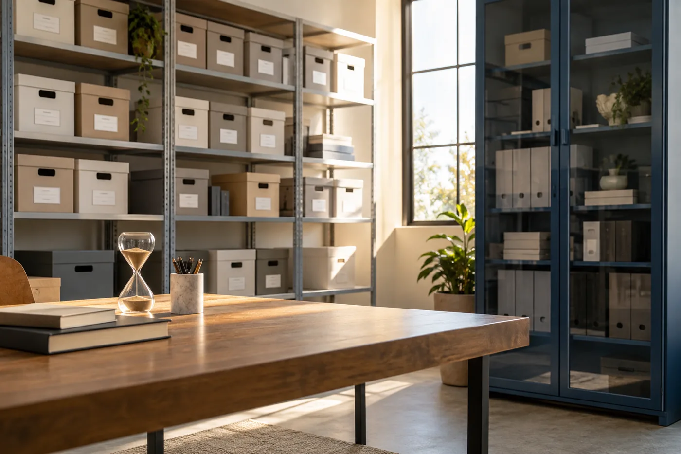 Illustrative scene: Archive boxes and an hourglass illustrating a screenshot retention review window