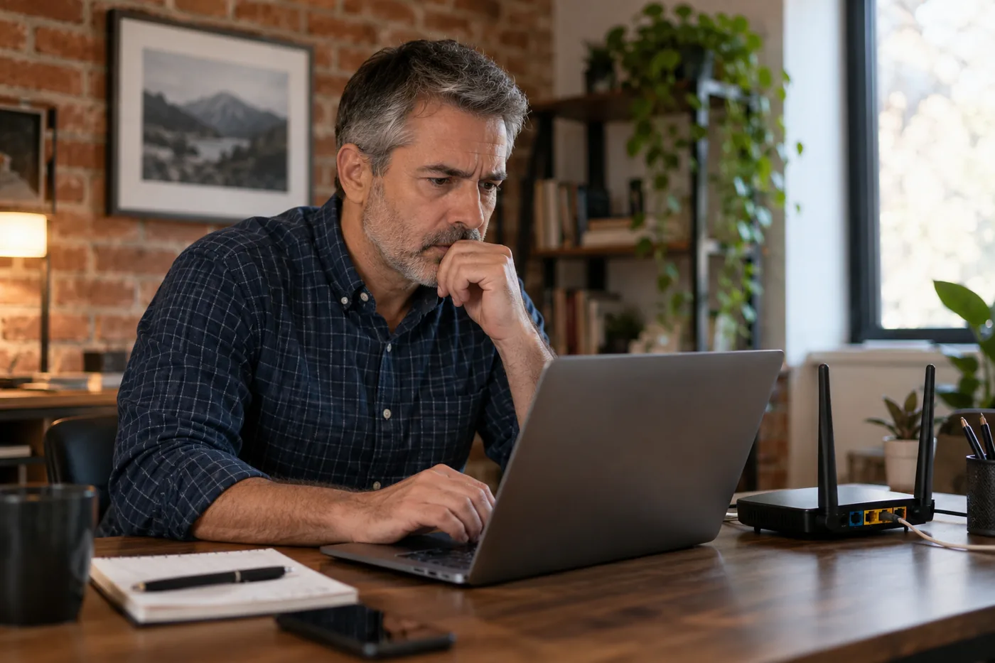 Illustrative scene: Professional checking a laptop connection beside a home router