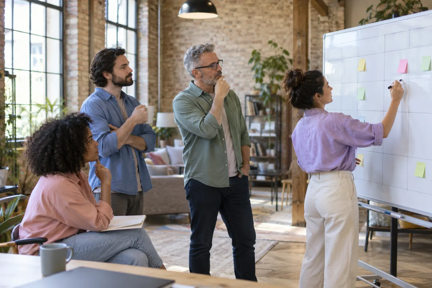 Illustrative scene: Operations team reviewing a weekly planning board in a loft office