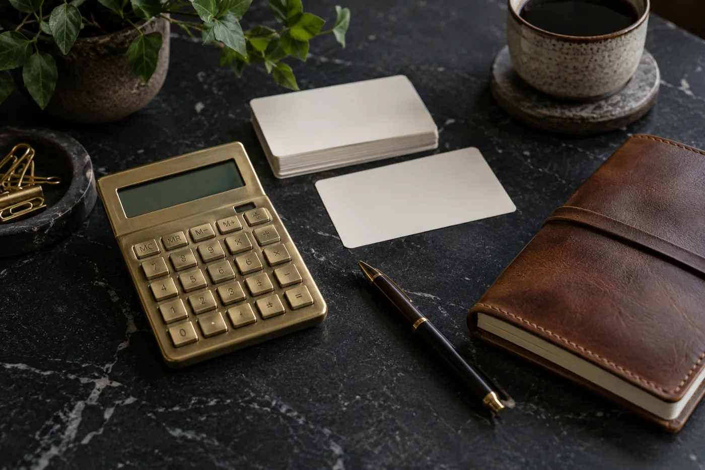 Illustrative scene: Calculator and subscription planning cards beside a ledger on a stone desk