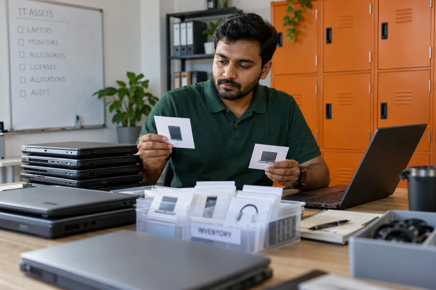 Illustrative scene: IT administrator comparing device inventory cards beside storage lockers