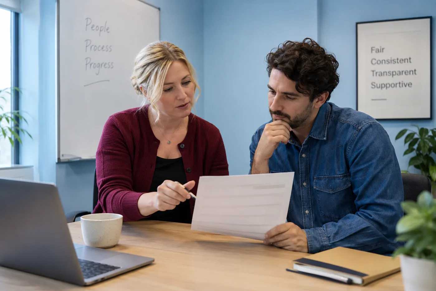 Illustrative scene: Supervisor and colleague reviewing an attendance correction form