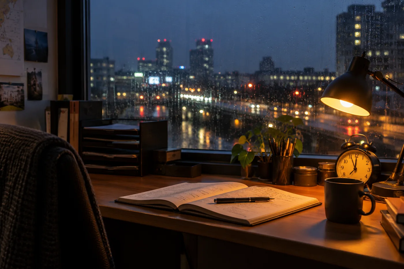Illustrative scene: Night-shift desk with clock, notebook and city lights beyond the window