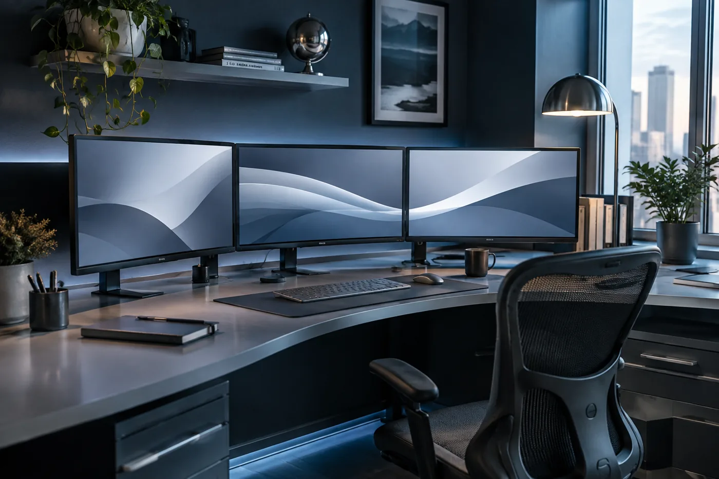 Illustrative scene: Three-monitor workstation illustrating screenshot capacity planning