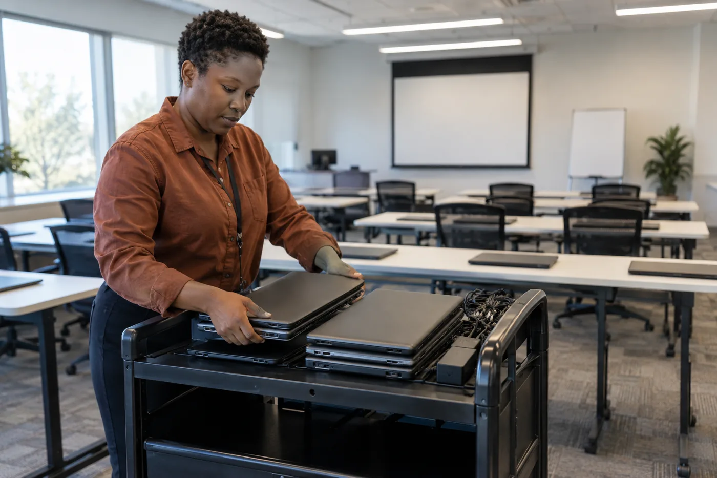 Illustrative scene: Technician preparing laptops on a cart for an office rollout