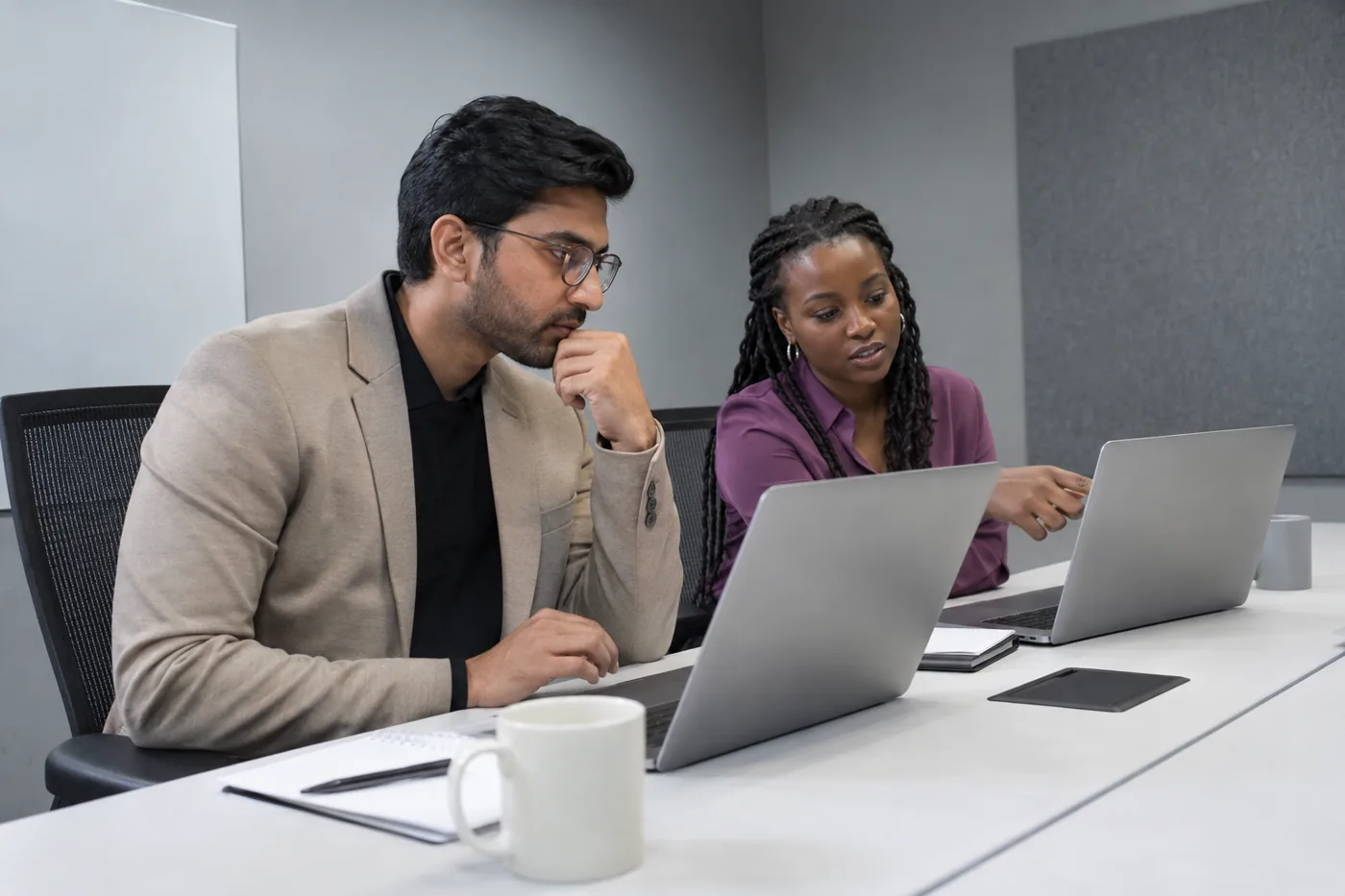 Illustrative scene: Two software buyers comparing demo workflows on separate laptops