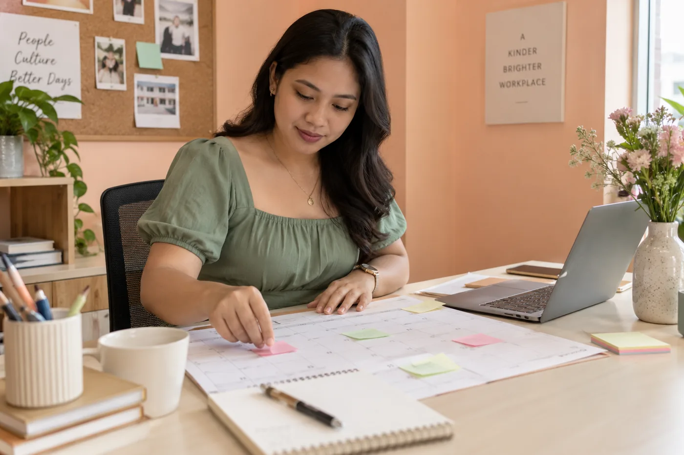 Illustrative scene: HR coordinator arranging a leave calendar in an office