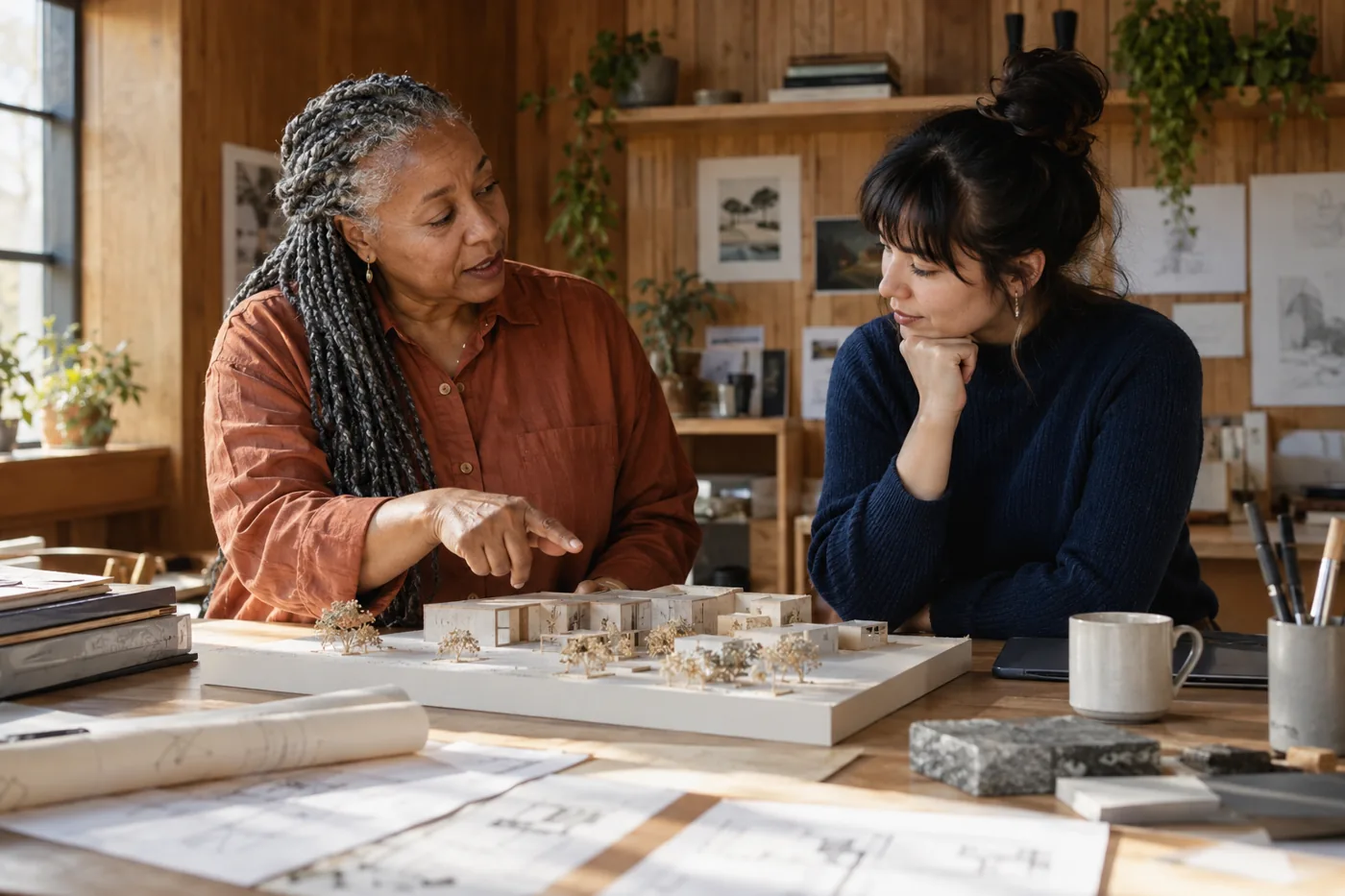 Illustrative scene: Colleagues reviewing a completed design model alongside work notes