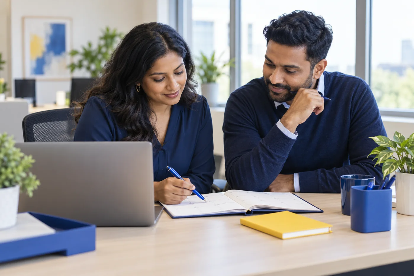 Illustrative managers comparing software workflows