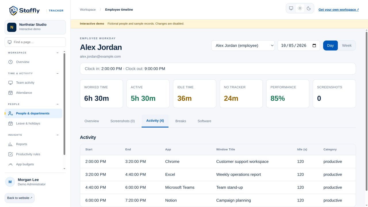Actual StafflyTracker screenshots & activity view with fictional demo records
